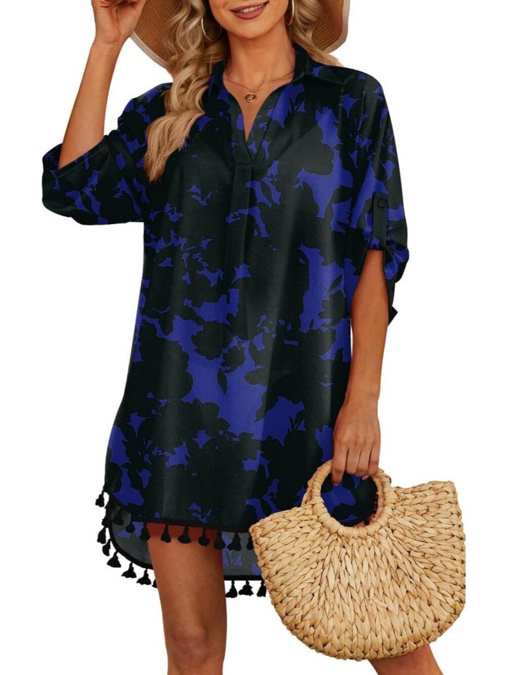 Women's Black & Blue Polyester Cover Up Tassel Swimsuit Beachwear Swimwear